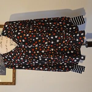 CAbi Black Blouse with Red and White Floral Print